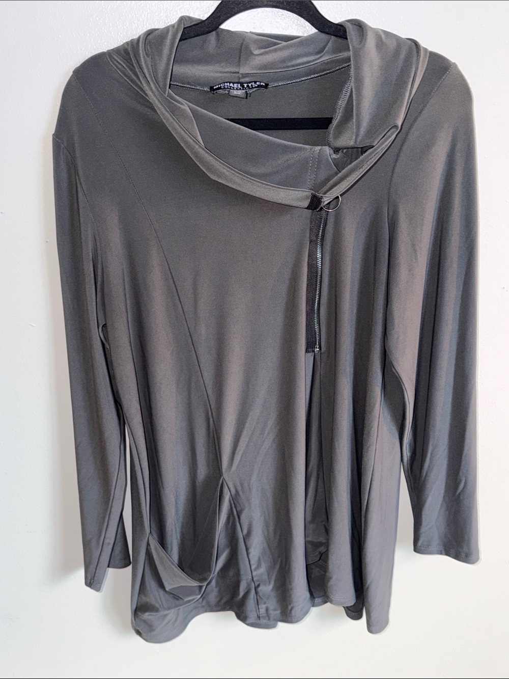 Michael Tyler Asymmetric Cowl Neck Long Sleeve Top in Black Size L
